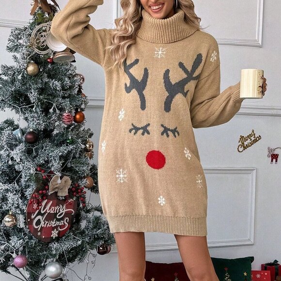 Multicolor Casual Women's Christmas Reindeer Print Lantern Sleeve Sweater Dress - Picture 4 of 7